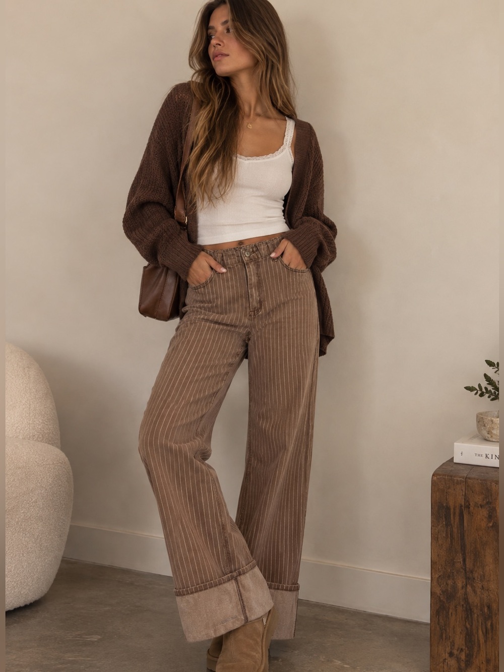 Sunday Edition Brown Pinstripe Wide Leg Cuffed Pants Jeans NWT Size Medium